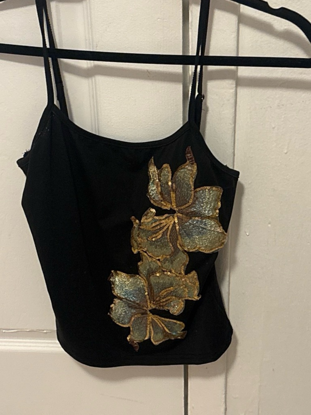 Black Floral Appliqué Spaghetti Strap Top